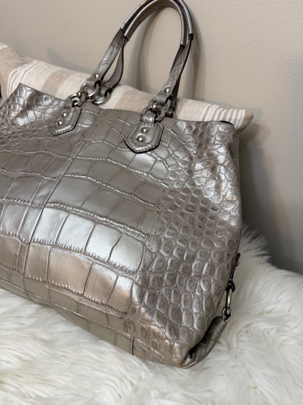 Coach Metallic Silver Croc-Embossed Tote#F20345 - Picture 3 of 15